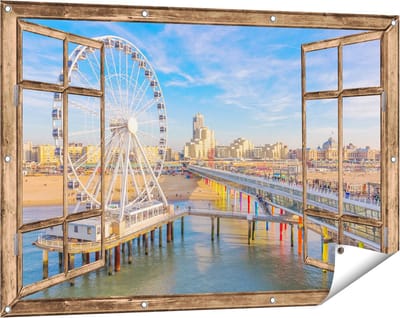 Gards Tuinposter Doorkijk Scheveningen Pier met de Ferris Wheel - Reuzenrad - 120x80 cm - Tuindoek - Tuindecoratie - Wanddecoratie buiten - Tuinschilderij
