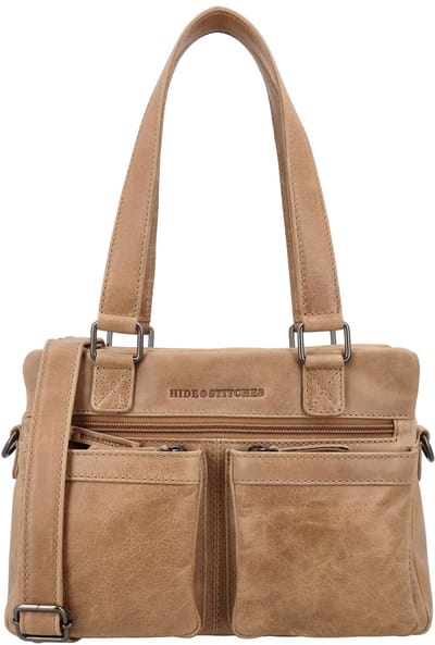Hide & Stitches Porto Handtas - Leer - 3 Hoofdvakken - Voorvakken - Schouderband - Dames - Compact - Schoudertas - Tas - Leren Dames Tas - Taupe
