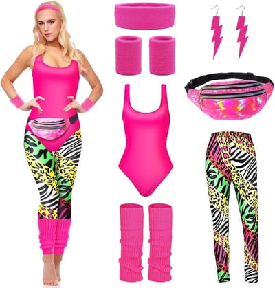 80s Kostuum voor Dames met Hoofdband, Polsbandjes en Oorbellen voor Feest, Carnaval en Halloween