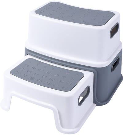 set van 2 - Opstapje Kinderen - Kindertrapje - 2 Treden - WC/Toilet krukje of opstapje - anti‑slip- grijs