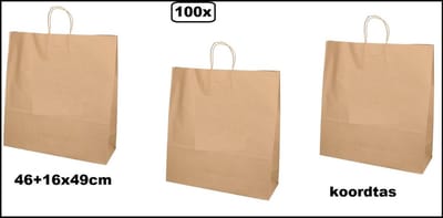 100x Tas, Kraftpapier, 46x16x49cm, papieren draagtas, bruin - tas koordtas koord festival kado thema feest