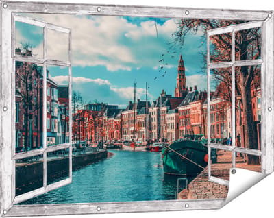 Gards Tuinposter Doorkijk Gracht in Groningen - 120x80 cm - Tuindoek - Tuindecoratie - Wanddecoratie buiten - Tuinschilderij