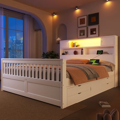 HAUSS SPOLE Platformbed 160x200 cm - Bedframe Met Led, Usb En 4 Laden - Met Opberghoofdbord - Zonder Matras - Hout - Wit