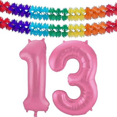 Folat Verjaardag Leeftijd folieballon - 13 jaar - roze - 86 cm - cijferballon groot - incl 2x feestslingers