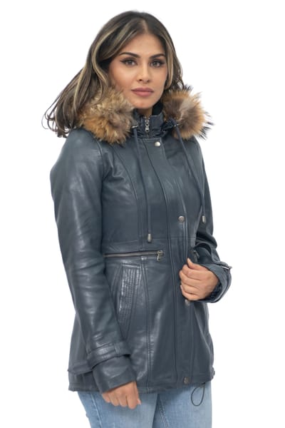 Dames lederen parka jas met capuchon-Putian