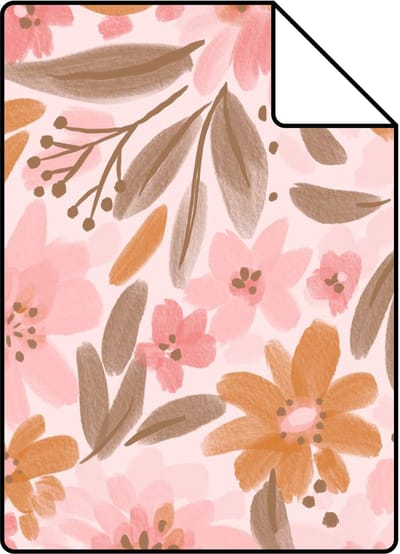 Proefstaal ESTAhome behang bloemen roze, oranje en vergrijsd groen - 26.5 x 21 cm - 130925-S