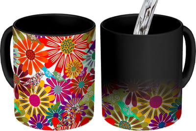 Magische Mok - Foto op Warmte Mokken - Koffiemok - Regenboog - Bloemen - Patronen - Hippie - Magic Mok - Beker - 350 ML - Theemok