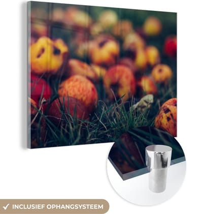 MuchoWow® Glasschilderij 40x30 cm - Schilderij acrylglas - Landelijke decoratie - Herfst - Appel - Fruit - Foto op glas - Schilderijen