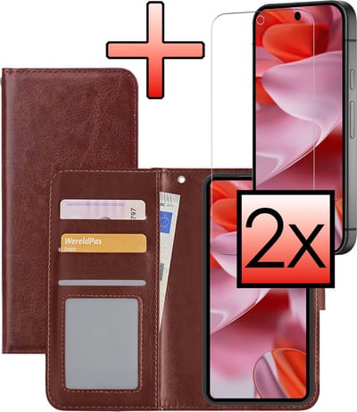 Hoesje - Met 2x Screenprotector - Geschikt voor Google Pixel 9 - Luxe Pasjeshouder - Bookcase Portemonee - Flip Case - Kunstleer Book Case - Flipcase Hoes - Book Cover - Walletcase - Portemonneehoes - Bruin