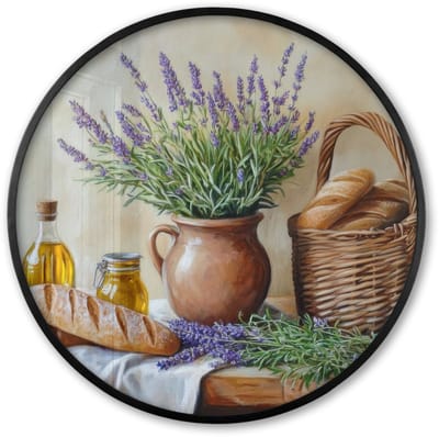 Poster in lijst Rond - Fotolijst 60x60 cm - Posters - Lavendel - Brood - Stilleven - Ronde posterlijst zwart - Decoratie - Wanddecoratie woonkamer - Muurdecoratie slaapkamer