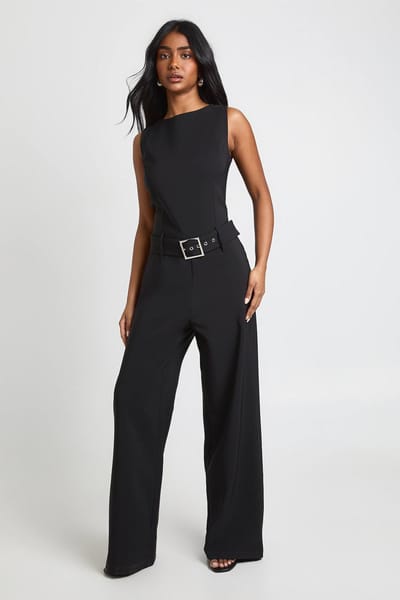 boohoo Dames Jumpsuit met Riem en Wijde Pijpen | Zwart | Maat: 38
