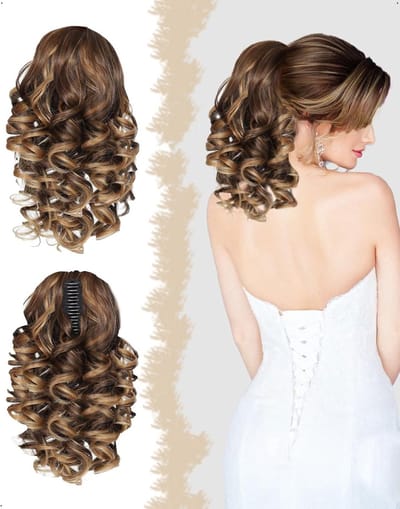 30 cm paardenstaart haarextensie met koord, kort clip-in synthetisch haarstuk voor natuurlijke krullen, golvende look en haaraccessoires voor vrouwen in blond en bruin