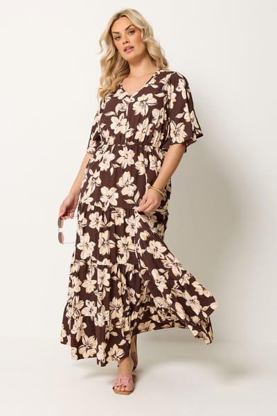 Yours Bruine Maxijurk Met Bloemenprint En Laagjes Size 42