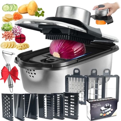 Dailygoods- Groentesnijder 9-in-1 - Roestvrij Staal - Kom 2 Liter - Handbescherming - Multifunctioneel - Duurzaam en Efficiënt - Keukenmachine