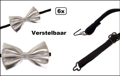 6x Vlinder strik zilver - verstelbaar - Festival thema feest party gala feest hollywood