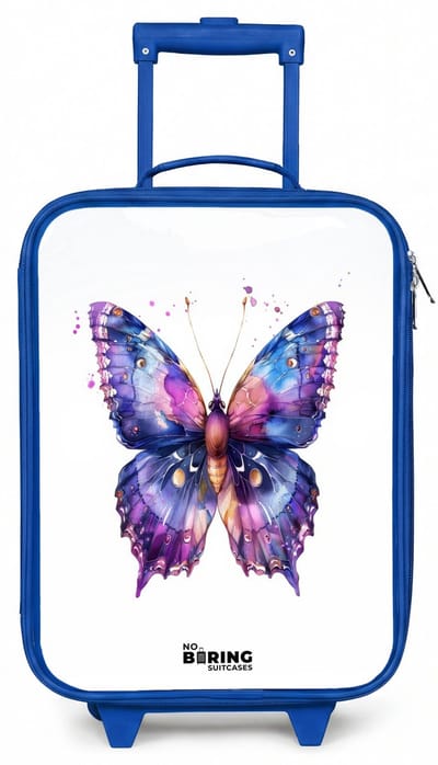 NoBoringSuitcases.com® - Kinderkoffer blauw - Kindertrolley jongen - Paarse prachtvlinder - Koffer kind lichtgewicht - Reiskoffer trolley voor kinderen - Koffertje met lichtgevende wieltjes - Rolkoffer