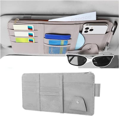 Famanu – Organizer voor zonneklepvleugels - organizer voor zonneklepvleugels van leer voor auto - ritssluiting - zonneklep - organizer met brillenhouder - interieuraccessoires voor zonnebrillen (grijs)