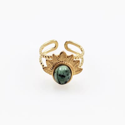 Dottilove - Dames Gevederde Steen Ring - Geelgoudkleurig Verguld - Ring met Groene Steen
