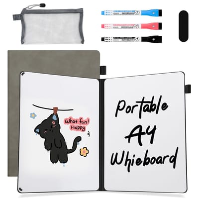AGM Uitwisbaar notitieboek - Whiteboard notitieblok - A4 - Incl. 3 Pen en 1 Etui - Grijs-PU
