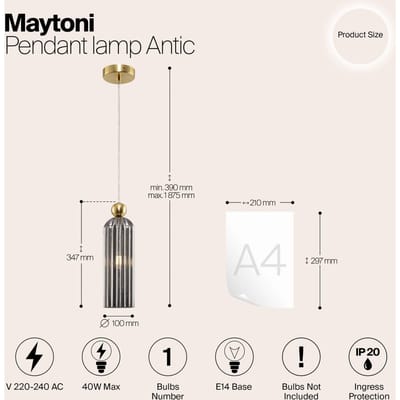 Maytoni Antic hanglamp, glazen kap in grijs