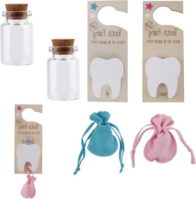 Set van 2 Tandenfee Deurhangers van Hout met Zak en Glazen Fles voor Kinderkamer Decoratie, Perfect Cadeau voor Kinderen (Roze en Blauw)