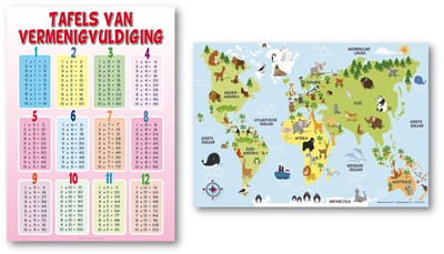 Roze Tafels van Vermenigvuldiging & Kinder Wereldkaart met Dieren - Set van 2 Educatieve Posters – formaat 50 x 70 cm – 250 grams kwaliteitspapier