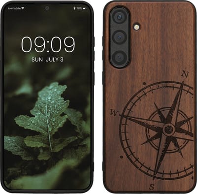 kwmobile telefoonhoesje geschikt voorSamsung Galaxy S24 Plus - Hoesje met bumper - hout - In donkerbruin Vintage Kompas design