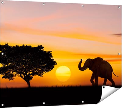 Gards Tuinposter Olifant Silhouet tijdens Zonsondergang - 120x90 cm - Tuindoek - Tuindecoratie - Wanddecoratie buiten - Tuinschilderij