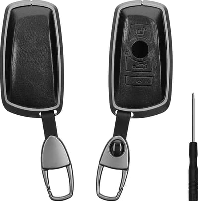 kwmobile autosleutel hoesje geschikt voor BMW 3-knops draadloze autosleutel (alleen Keyless Go) - Autosleutel behuizing met sleutelhanger - Sleutel case van imitatieleer - In zwart / metallic zwart