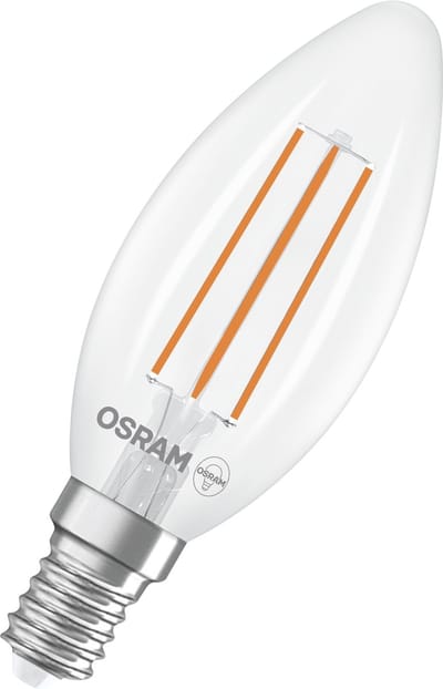 OSRAM Energy Class LED-lamp in klassieke mini-kaarsvorm, 3,8 W / 806 lm, EEK A, warm wit licht (2700 K), CRI 80, gemaakt van helder gekleurd loodvrij glas, E14 fitting, IP20, 35 mm diameter.