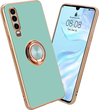 Cadorabo Hoesje geschikt voor Huawei P30 in Glossy Turquoise - Goud met ring - Beschermhoes van flexibel TPU-silicone Case Cover met camerabescherming en magnetische autohouder
