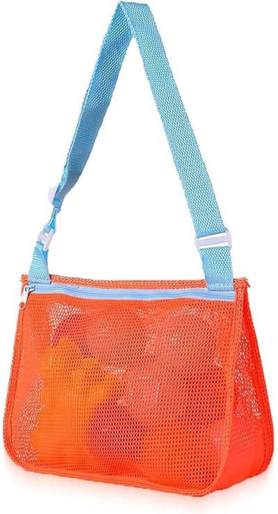 Strandtas van netstof voor spelletjes strand met binnenzak, oranje met blauwe banden, 25 x 20 cm voor kinderen, strandvakantie, zwembad en camping, opvouwbaar en waterdicht