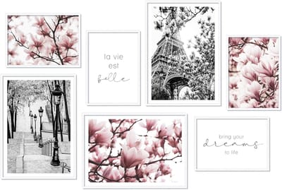 Posterset Bloemen - Wanddecoratie Set - Woonkamer Decoratie - Premium Papier 400 g/m² - 3x A3 + 4x A4 - Roze