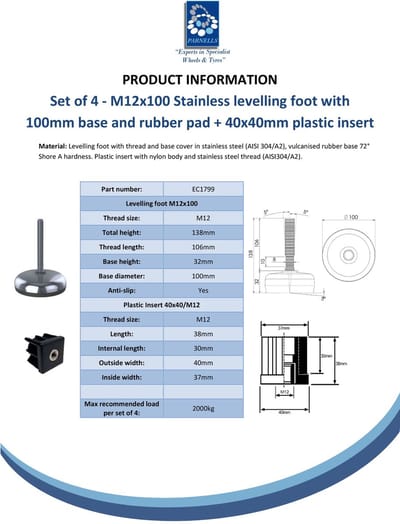 Roestvrijstalen voet M12x100 met voetplaat van 100 mm, voorzien van rubberen pad + inzetstuk 40x40x1,5 mm – Set van 4