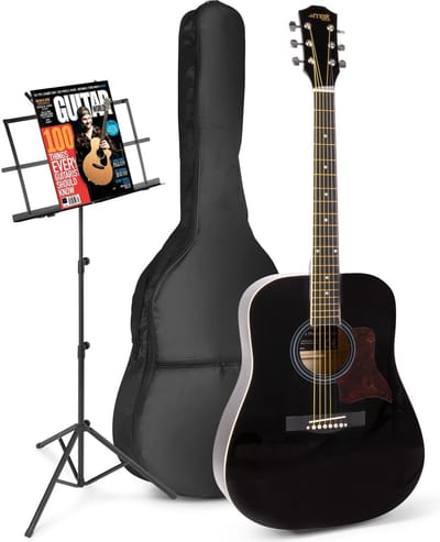 Akoestische gitaar voor beginners - MAX SoloJam Western gitaar 4/4 - Incl. muziekstandaard, gitaar stemapparaat, gitaartas en 2x plectrum - Zwart