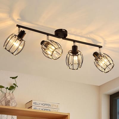 Glitzerlife - Plafondspot Plafondlamp - 4xE14 fitting - retro kristallen design - opbouwspots - 350° draaibaar 90° kantelbaar - kristal en ijzer - Ø9cm - zwart