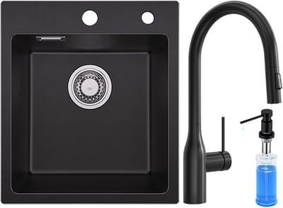 SOFETIY MAX Granieten Spoelbak voor keuken 40x45CM - Enkele Spoelbakken Met Keukenkraan Met Uittrekbare Uitloop en Zeepdispenser - Onderbouw Spoelbak Zwart - Met waterafvoersysteem - Voor 45 cm Kast