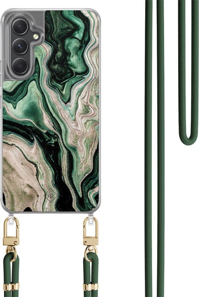 Casimoda® hoesje met koord - Geschikt voor Samsung A34 - Groen marmer / Marble - Afneembaar koord - TPU/polycarbonaat - Groen