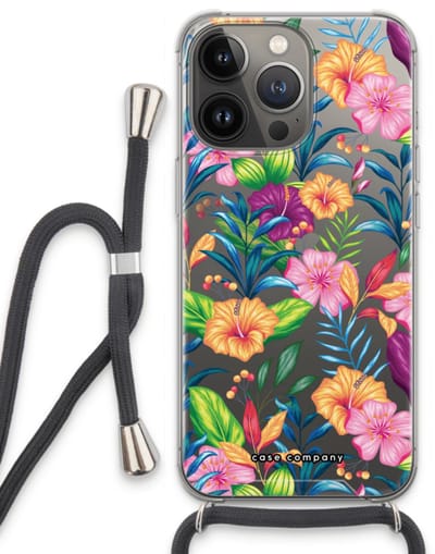 Case Company® - Hoesje met koord geschikt voor iPhone 13 Pro hoesje met Koord - Tropisch 2 - Telefoonhoesje met Zwart Koord - Bescherming aan alle Kanten en Over de Schermrand
