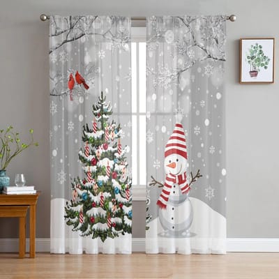 Kerstboom Sneeuwpop Sneeuwvlok Grijs Transparante Gordijnen voor Woonkamerdecoratie Raamgordijnen Keuken Tule Voile Gordijnen W135 x H115cm x1 gray