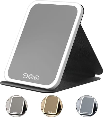 LISM-Opvouwbare make-upspiegel met verlichting, oplaadbare draagbare reisspiegel, touchscreen, driekleurig licht, traploos dimbaar, zwart - groot formaat