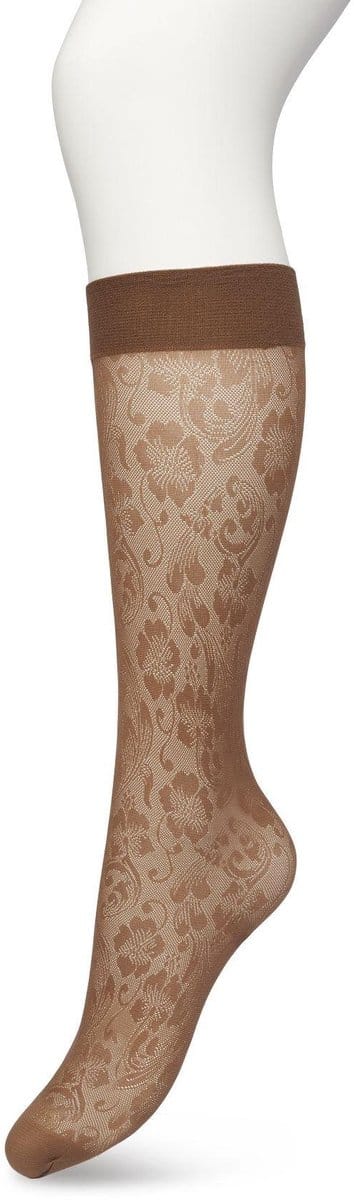 Bonnie Doon Dames Bloemen Panty Kniekousen Donker Bruin maat 36/42 - Knie Kousen 20 denier - Gebloemd - Bloemen Print - Uitstekend draagcomfort - Fancy Flower Knee High - Kniesokken - Zakt niet af - OEKO-TEX - Bracken - BP221803.158