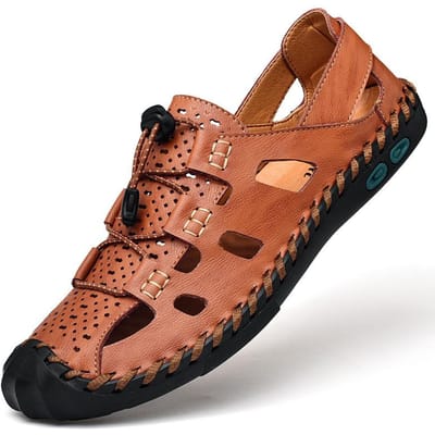Heren Sandalen Heren Zomer Echt Leer Neusdoos Gaten Schoenen Ademend Zacht Leer Sandalen Tide Strand Schoenen plus Maat 48 bruin