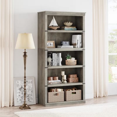 Hoge Boekenkast met 5 Planken - Landelijke Open Vakkenkast - Opbergkast voor Woonkamer & Kantoor - 171 cm Hoog - Grijs