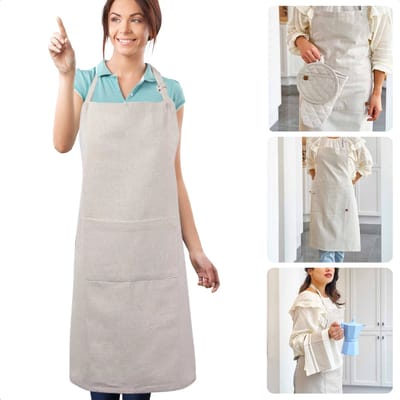 Cheqo® Beige Katoen Keukenschort - Kookschort - Schort - Verstelbaar Unisex - Met Zakken - Duurzaam Koken