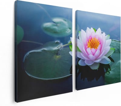 Artaza Canvas Schilderij Tweeluik Roze Lotusbloem Met Waterlelies  - 120x80 - Foto Op Canvas - Canvas Print