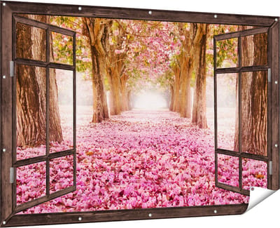 Gards Tuinposter Doorkijk Romantische Bomen Tunnel met Roze Anjers - 180x120 cm - Tuindoek - Tuindecoratie - Wanddecoratie buiten - Tuinschilderij