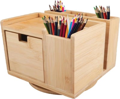 Bureauorganizer met laden voor kantoor en school - Bamboe roterende potloodhouder 18 x 18 x 13,5 cm