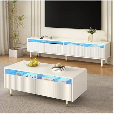 Merax TV-meubelset met 4 lades + salontafel met 2 lades - met LED's - MDF - wit