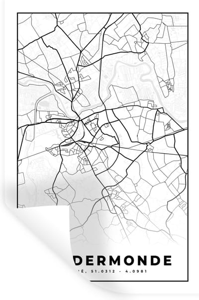 Muurstickers - Sticker Folie - Stadskaart – Zwart Wit - Kaart – Dendermonde – België – Plattegrond - 20x30 cm - Plakfolie - Muurstickers Kinderkamer - Zelfklevend Behang - Zelfklevend behangpapier - Stickerfolie